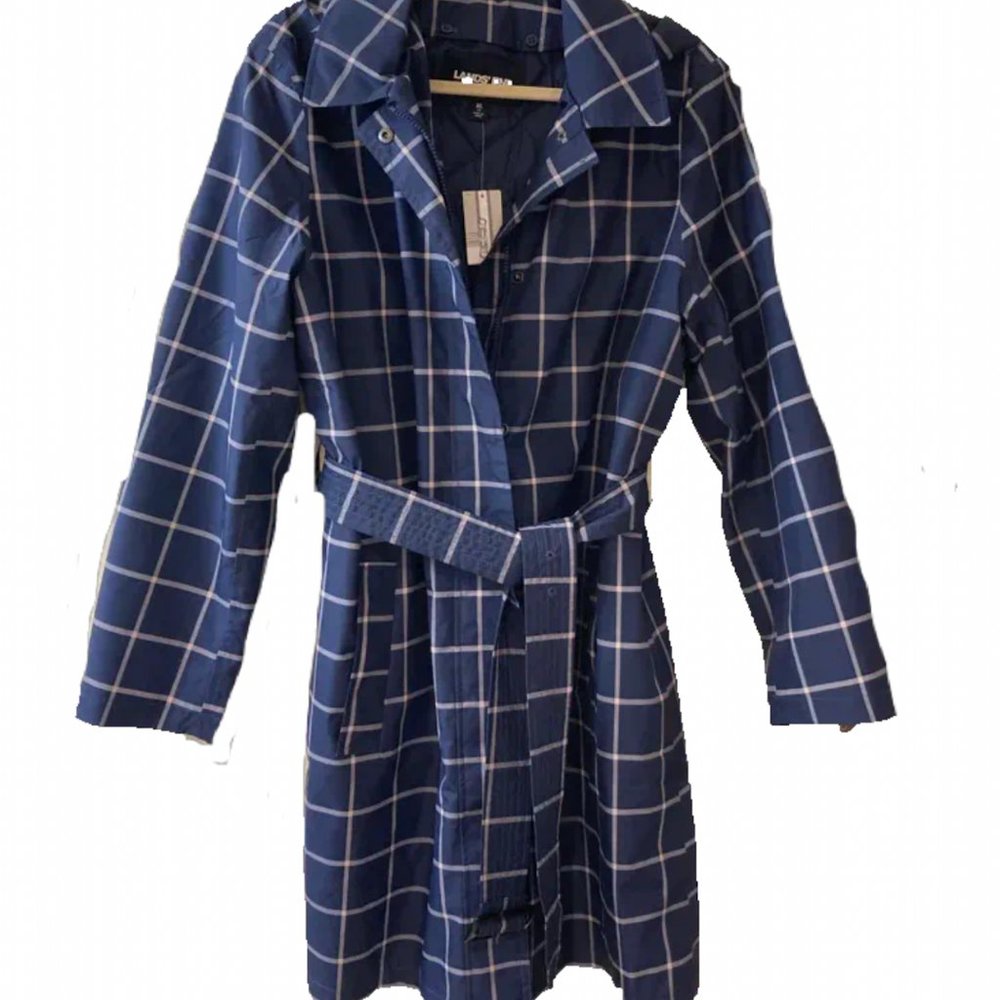 Lands’ End Waterproof Coat! Insulated raincoat, button-out liner, navy XL.